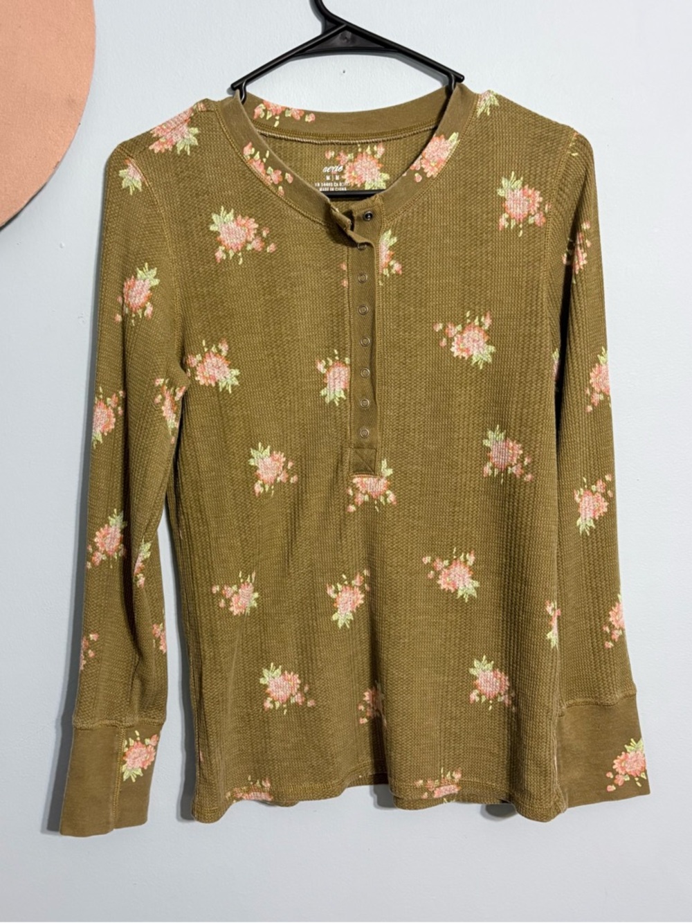 Medium Aerie Floral waffle knit Henley Thermal Top - Olive Green